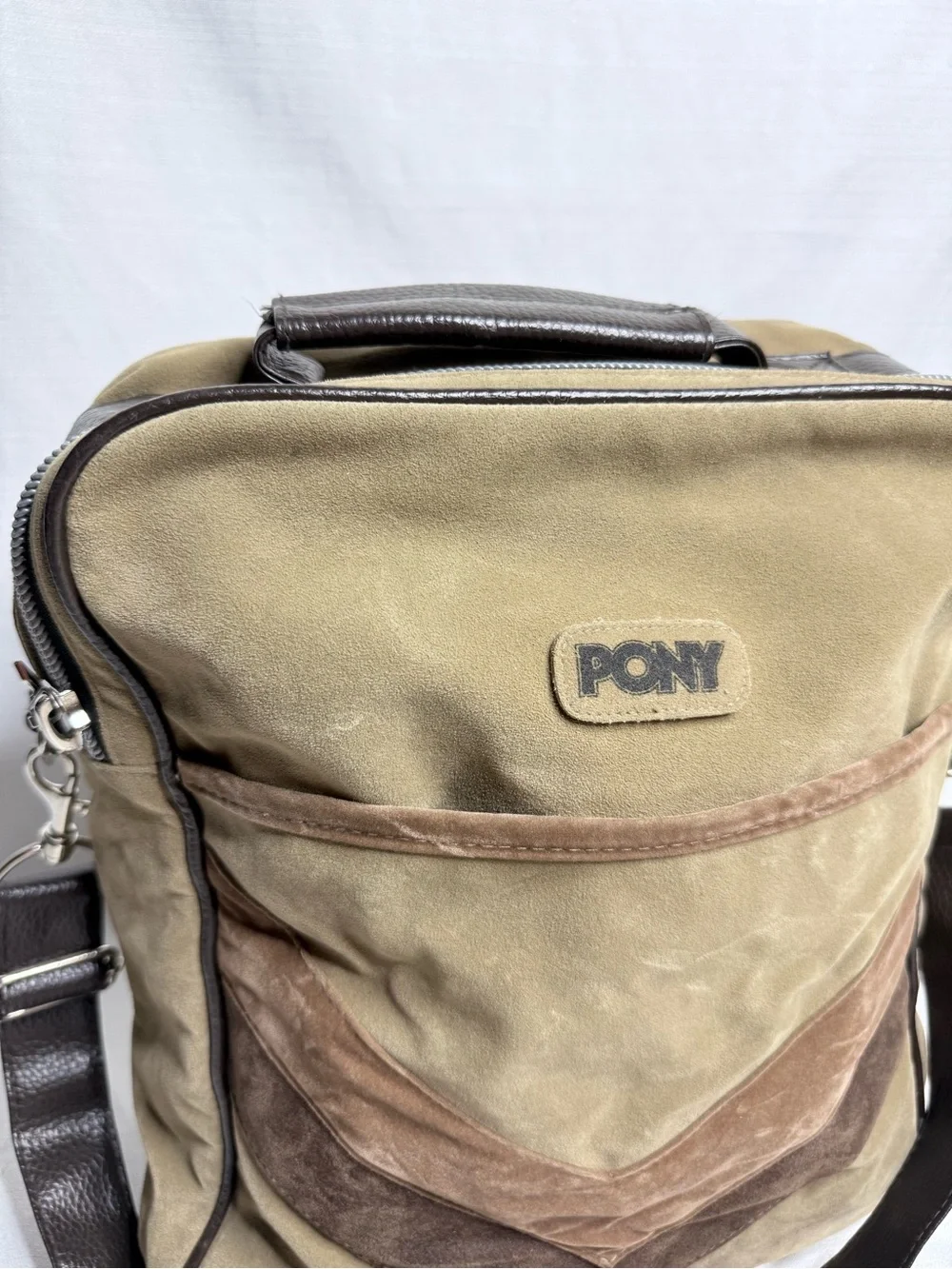 Vintage Y2K PONY Messenger Bag Brown Tan Suede Crossbody Shoulder Bag 2000s